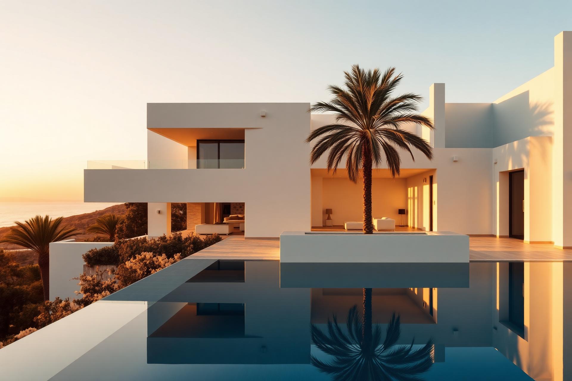 Modern Mediterranean villa in Marbella at golden hour